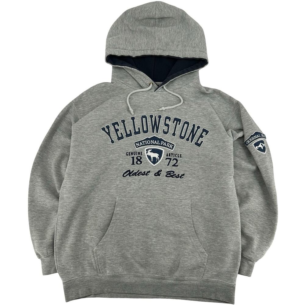 VTG Men's Grey Prairie Mountain Yellowstone National Park Hoodie Sweatshirt Sz L